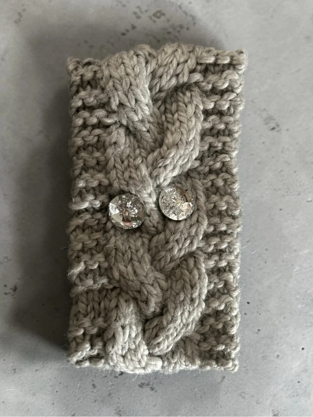 Chunky Cable Knit Headband with Gem Buttons - Light Gray